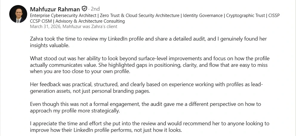 Mahfuzur Rahman - Enterprise Cybersecurity Architect Verified LinkedIn Recommendation