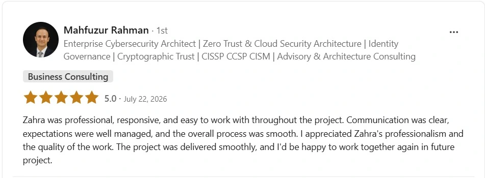 Mahfuzur Rahman - Enterprise Cybersecurity Architect Verified LinkedIn Recommendation